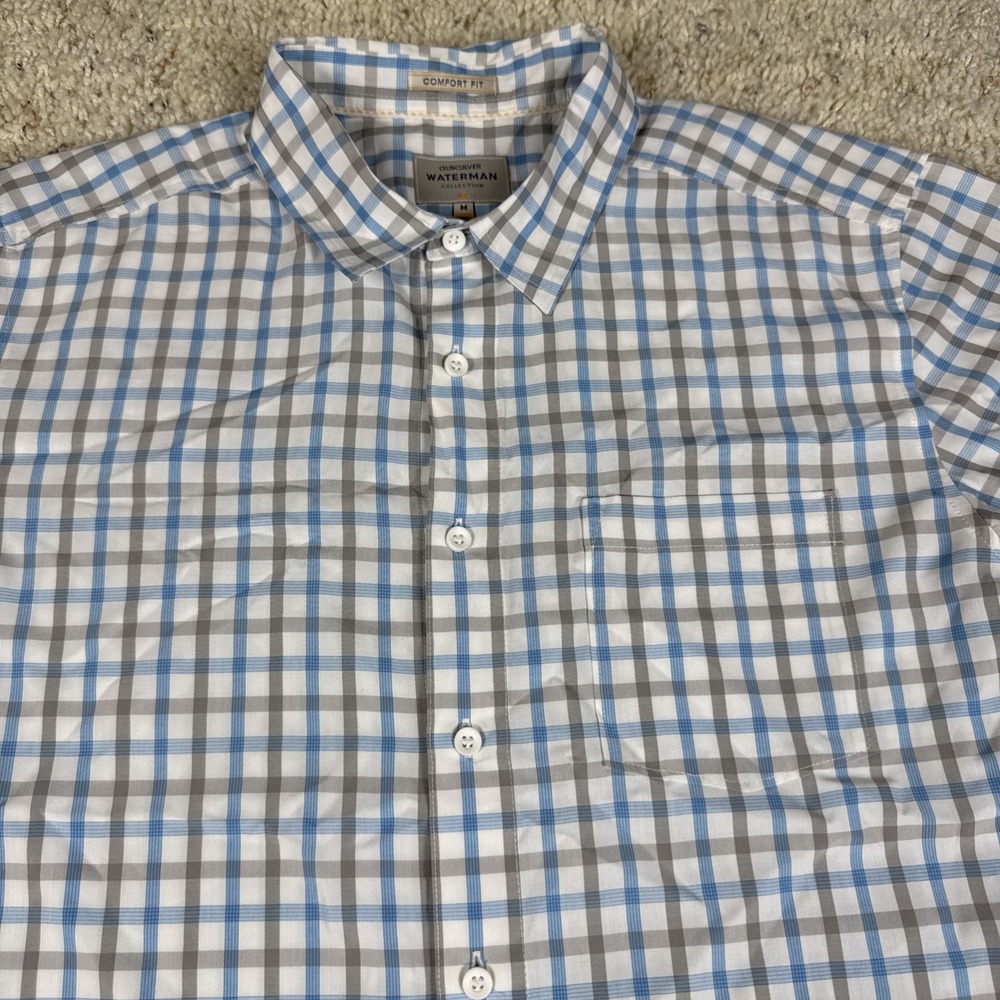 QUIKSILVER Shirt Mens Medium M Short‎ Sleeve Plaid Checked Gray Blue Summer